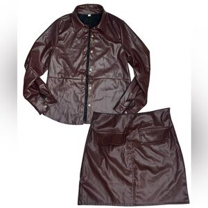 Brown Faux Leather Shirt and Skirt Set